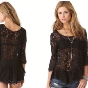 Free People Elegant Black Cotton Lace Top S